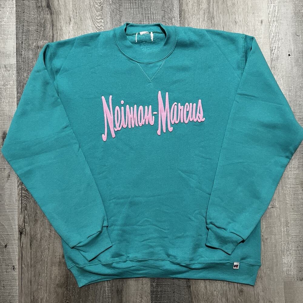VTG Neiman Marcus Teal/Pink Puff Print Sweatshirt Russell Athletic 90s Sz M/L